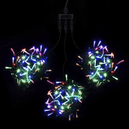 Комплект 3 Разноцветных Нити с Мерцанием Белого Диода по 20м, 600 LED, Провод Черный ПВХ, IP54. Фото 1.