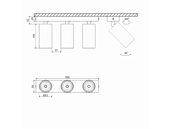 'Крепление сменное М13 для светильников MINI VILLY, поворотное накладное тройное, цвет Черный, MINI-VL-M13-BL. Фото 2