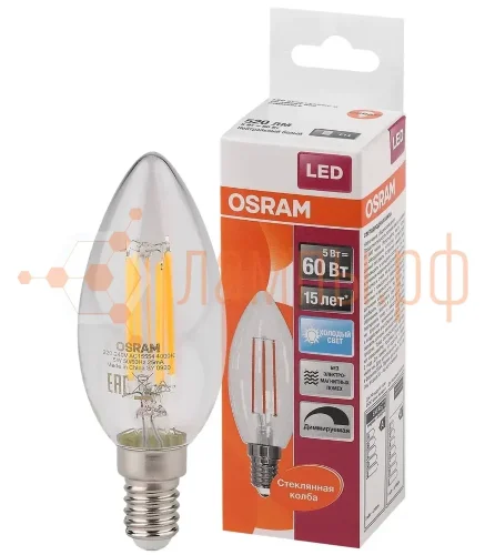 Лампа светодиодная филаментная 5W/4000K (=60W) E14 DIM | Свеча Прозрачная | LED Star FILAMENT | - OSRAM. Фото 2