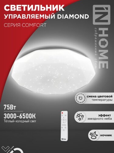 Светильник светодиодный COMFORT DIAMOND 75Вт 230В 3000-6500K 6000Лм 500x105мм с пультом ДУ IN HOME - Фото