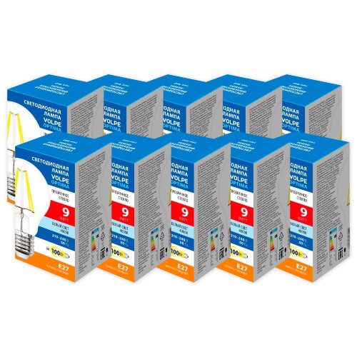 LED-A60-9W-4000K-E27-CL-SLF SET10 Лампа светодиодная, Форма А, прозрачная, Серия Optima Филамент, Белый свет 4000K, Упаковка 10 штук - фото 1
