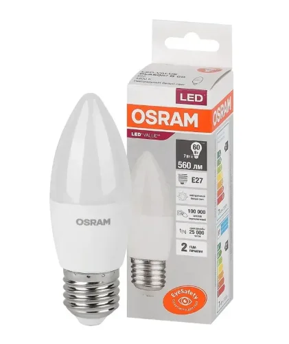 Лампа светодиодная LV 7SW/4000K (=60W) E27 | LED Value 2Y | Свеча | - OSRAM. Фото 2