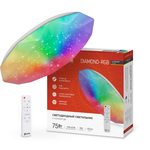 Светильник светодиодный COMFORT DIAMOND-RGB 75Вт 230В 3000-6500K 6000Лм 500x105мм с пультом ДУ IN HOME - Фото 2