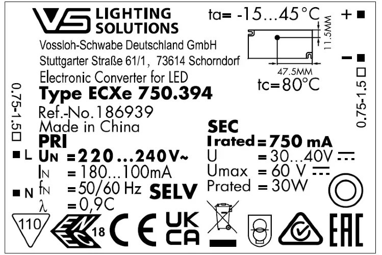 VS 30W 750мА 30- 40V 97x43x25мм - Драйвер для светодиодов Vossloh-Schwabe ECXe 750.394. Фото 2