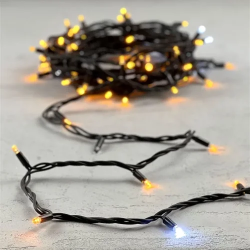 Гирлянда Нить 10м Желтая с Мерцанием Белого Диода 220В, 75 LED, Провод Черный Каучук, IP65. Фото 6.