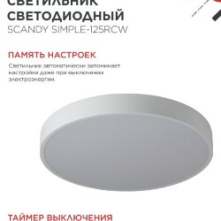 Светильник светодиодный SCANDY SIMPLE-125RCW 125Вт 230В 3000-6500K 10000Лм 400x50мм с пультом ДУ белый IN HOME