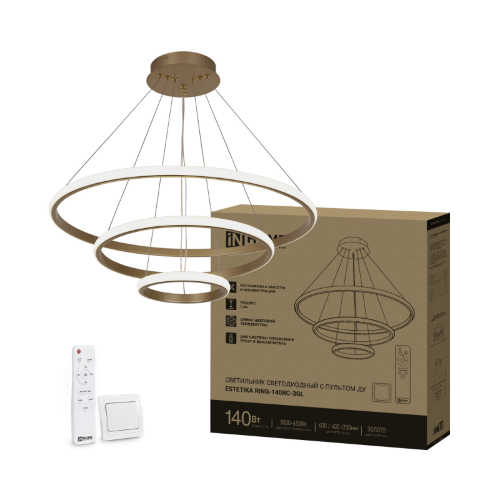 Светильник светодиодный ESTETIKA RING-140RC-3GL 140Вт 230В 3000-6500K 600/400/200 1.2м трос пульт ДУ золото IN HOME - Фото