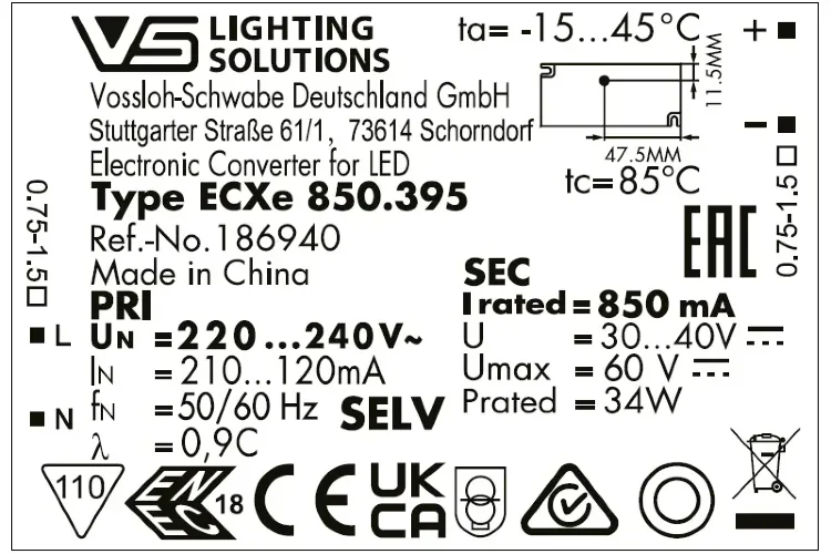 VS 34W 850мА 30-40V 97x43x25мм - Драйвер для светодиодов Vossloh-Schwabe ECXe 850.395. Фото 2