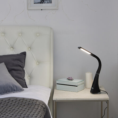 TLD-542 Black-LED-300Lm-5000K-Dimmer Светильник настольный c часами, календарем, термометром, 5W, Сенсорный выключатель, Черный стилизован под кожу. - фото 13