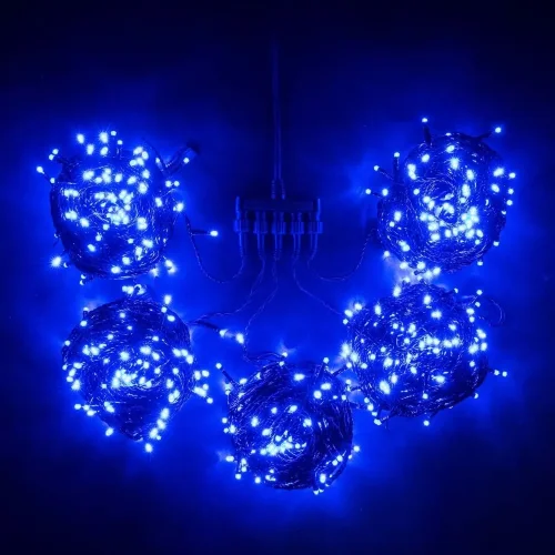 Комплект 5 Синих Нитей по 20м, 1000 LED, Провод Черный ПВХ, IP54. Фото 1.