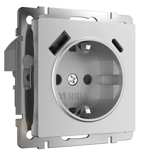 Розетка с заземлением, шторками и USB тип A+C (серебряный матовый) W1171765 - фото 2