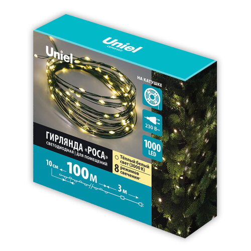 ULD-S10000-1000-DGA WW IP20 DEW Гирлянда светодиодная Роса, 100м, 1000 светодиодов, Теплый белый свет, Провод зеленый - фото 9