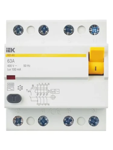 Выключатель дифференциального тока (УЗО) 4п 63А 100мА тип AC ВД1-63 KARAT IEK MDV10-4-063-100 - фото 2