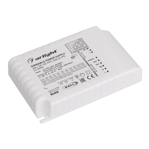 Блок питания ARJ-SP-60-PFC-DALI2-PD (60W, 9-71V, 0.35 -1.05A) (Arlight, IP20 Пластик, 5 лет) - фото 1