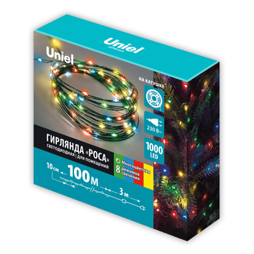 ULD-S10000-1000/DGA MULTI IP20 DEW Гирлянда светодиодная "Роса", 100м. 1000 светодиодов. Разноцветный свет. Провод зеленый. ТМ Uniel - фото