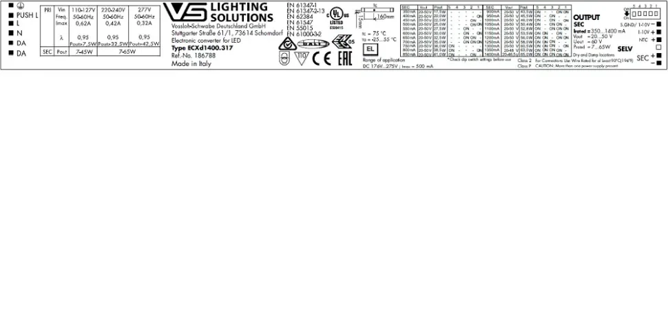 VS 65W DALI2+1-10V/DIP 350-1400мА 20-50V DIP-переключатель ECXd 1400.317 359x30x21мм - Драйвер для светодиодов Vossloh-Schwabe. Фото 2