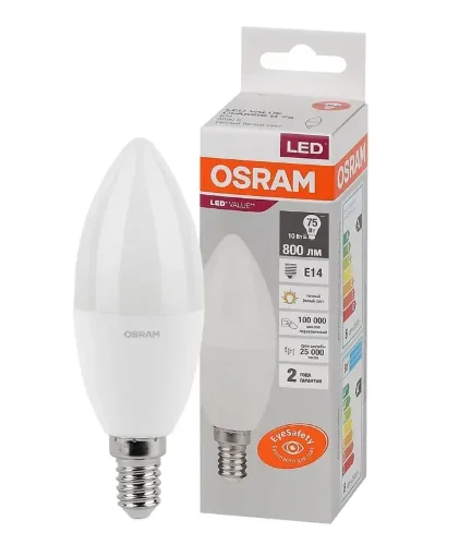Лампа светодиодная LV 10SW/3000K (=75W) E14 | LED Value 2Y | Свеча | - OSRAM. Фото 2