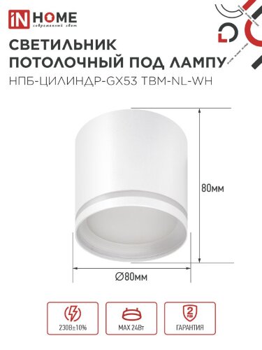 Светильник потолочный НПБ-ЦИЛИНДР-GХ53 TBM-NL-WH с подсветкой 80х80мм белый IN HOME - Фото 2