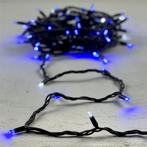 Гирлянда Нить 10м Синяя с Мерцанием Белого Диода 220В, 75 LED, Провод Черный Каучук, IP65. Фото 6.