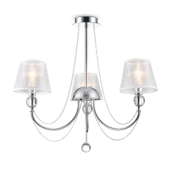 Светильники станут украшением интерьера, придадут ему шарм. Арматура светильников - из металла, а абажуры – из прозрачной органзы и ПВХ. Каждый из светильников серии дополнен тонкими серебристыми цепочками, а основания рожков украшены стеклянными прозрачн