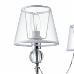 Светильники станут украшением интерьера, придадут ему шарм. Арматура светильников - из металла, а абажуры – из прозрачной органзы и ПВХ. Каждый из светильников серии дополнен тонкими серебристыми цепочками, а основания рожков украшены стеклянными прозрачн