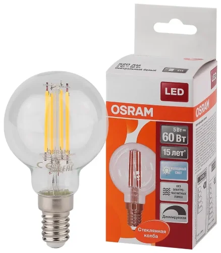 Лампа светодиодная филаментная 5W/4000К (=60W) DIM E14 | Шарик | LED Star 2Y | - OSRAM. Фото 2
