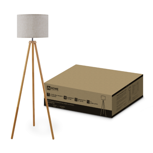 Светильник напольный под лампу ТНО 24-Е27-NT 230В бежевый абажур, деревянная тренога IN HOME - Фото