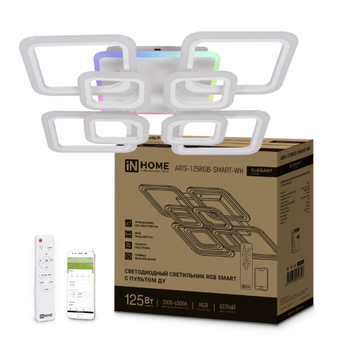 Светильник светодиодный ELEGANT ARIS-125RGB-SMART-WH 125Вт 230В 3000-6500K 8800Лм 585х585х115мм пульт ДУ белый IN HOME - Фото