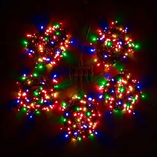 Комплект 5 Разноцветных Нитей по 20м, 1000 LED, Провод Черный ПВХ, IP54. Фото 1.