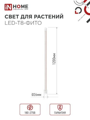 Лампа светодиодная LED-T8-ФИТО 20Вт 230В G13 1200мм IN HOME - Фото 2