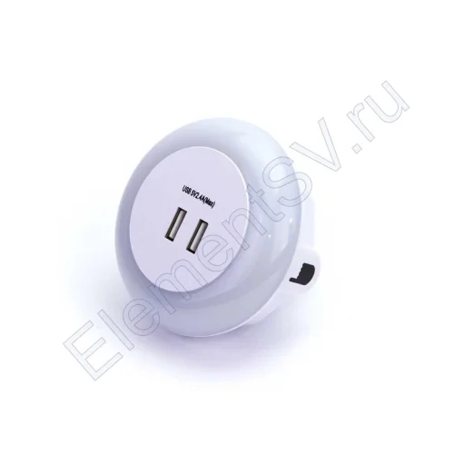 Светильник ночник WTG-050USB TL300 (220V, 2x USB 5V2,4A Max, с датчиком освещенности) - фото.