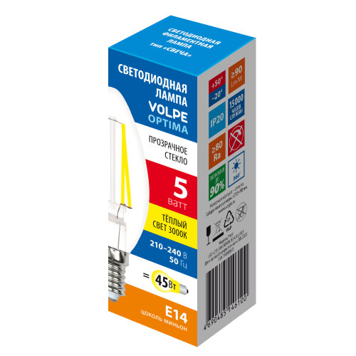 LED-C35-5W-3000K-E14-CL-SLF Лампа светодиодная, Форма свеча, прозрачная, Теплый белый свет 3000K - фото 2