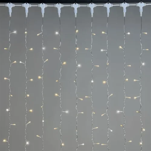 Гирлянда Занавес 2 x 3 м Тепло-Белый с Мерцанием Белого Диода 220В, 600 LED, Провод Прозрачный ПВХ, IP54. Фото 1.