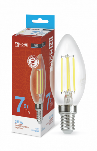 Лампа светодиодная LED-СВЕЧА-deco 7Вт 230В Е14 6500К 810Лм прозрачная IN HOME - Фото