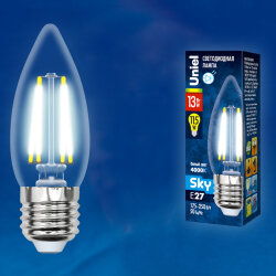 LED-C35-13W-4000K-E27-CL PLS02WH Лампа светодиодная, Форма свеча, прозрачная, Серия Sky, Белый свет 4000К.