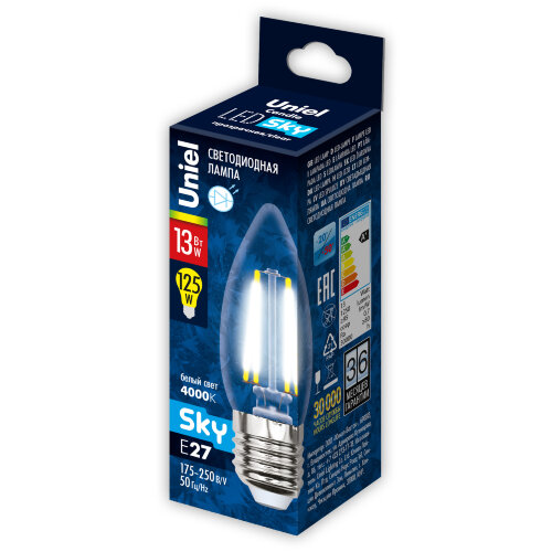 LED-C35-13W-4000K-E27-CL PLS02WH Лампа светодиодная, Форма свеча, прозрачная, Серия Sky, Белый свет 4000К. - фото 4