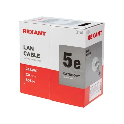 Кабель витая пара U/UTP кат.5E 4х2х24AWG LSZH нг(А)-HF INDOOR SOLID сер. LIGHT (305м) Rexant 01-0059 - фото 2