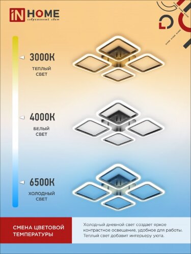 Светильник светодиодный ELEGANT ARIS-B 60Вт 230В 3000-6500K 4700Лм 450х450х75мм c пультом ДУ черный IN HOME - Фото 2