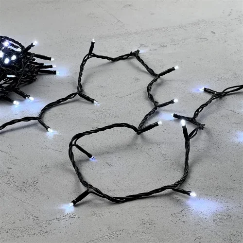 Гирлянда Нить 10м Белая с Мерцанием Белого Диода 24В, 100 LED, Провод Черный ПВХ, IP54. Фото 2.