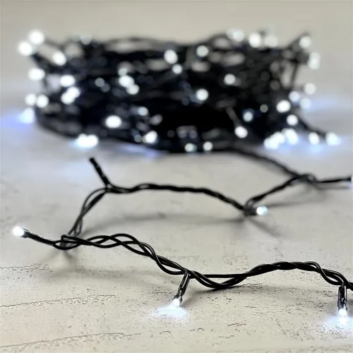 Гирлянда Нить 10м Белая с Мерцанием Белого Диода 24В, 100 LED, Провод Черный ПВХ, IP54. Фото 5.