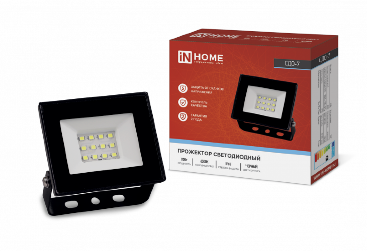 Прожектор светодиодный СДО-7 20Вт 230В 6500К IP65 черный IN HOME - Фото 2