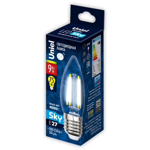 LED-C35-9W-4000K-E27-CL PLS02WH Лампа светодиодная, Форма свеча, прозрачная, Серия Sky, Белый свет 4000К. - фото 4