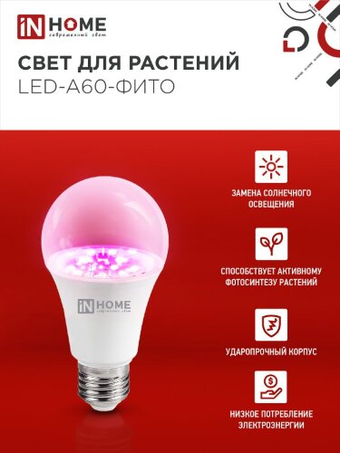 Лампа светодиодная LED-A60 STD-ФИТО красно-синий спектр 15Вт 230В Е27 IN HOME - Фото 2