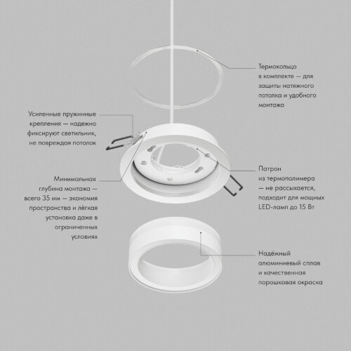 Встраиваемый светильник GLOW, GX53, до 15 Вт, LED, IP20, белый, алюминий, акрил. Фото 3