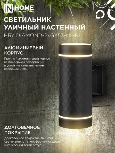Светильник уличный настенный двусторонний НБУ DIAMOND-2хGX53-NL-BL с подсветкой черный IP54 IN HOME - Фото 7