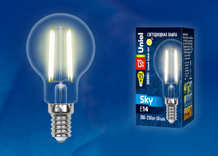 LED-G45-13W/3000K/E14/CL PLS02WH Лампа светодиодная. Форма "шар", прозрачная. Серия Sky. Теплый белый свет (3000К) - фото