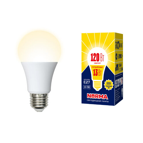 LED-A60-13W/WW/E27/FR/NR Лампа светодиодная. Форма "A", матовая. Серия Norma. Теплый белый свет (3000K) Картон. ТМ Volpe - фото