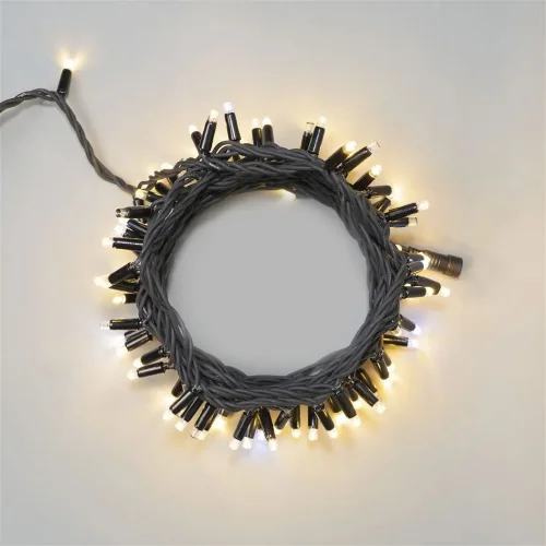 Гирлянда Нить 10м Тепло-Белая с Мерцанием Белого Диода 220В, 100 LED, Провод Черный Каучук, IP65. Фото 1.