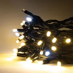 Гирлянда Нить 10м Тепло-Белая с Мерцанием Белого Диода 220В, 100 LED, Провод Черный Каучук, IP65