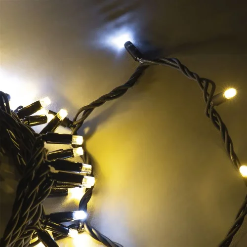 Гирлянда Нить 10м Тепло-Белая с Мерцанием Белого Диода 220В, 100 LED, Провод Черный Каучук, IP65. Фото 4.